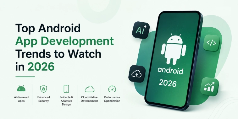 Top Android App Development Trends 2026 featuring AI, Jetpack Compose, Android 17, Foldables, Kotlin, and Edge AI.